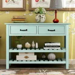 45 in. Antique Blue Standard Rectangle Wood Console Table with Drawers and Shelf by Z-joyee -Cheap Z-joyee Store antique blue z joyee console tables f fb857222263 31 1000