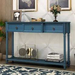 51.57 in. Antique Navy Standard Rectangle Wood Console Table with Projecting Drawers and Long Shelf by Z-joyee -Cheap Z-joyee Store antique navy z joyee console tables f fb857221808 31 1000