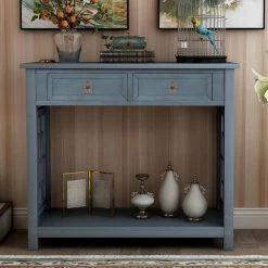 36 in. Antique Navy Standard Rectangle Wood Console Table with 2-Drawers and Bottom Shelf by Z-joyee -Cheap Z-joyee Store antique navy z joyee console tables f fb857222027 31 1000