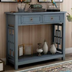 36 in. Antique Navy Standard Rectangle Wood Console Table with 2-Drawers and Bottom Shelf by Z-joyee -Cheap Z-joyee Store antique navy z joyee console tables f fb857222027 76 1000