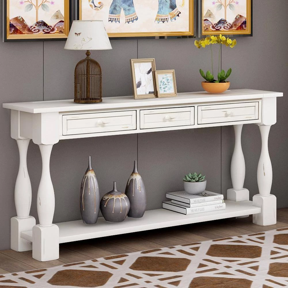 64 in. Antique White Standard Rectangle Wood Console Table with Drawers and Shelf by Z-joyee 9 64 in. Antique White Standard Rectangle Wood Console Table with Drawers and Shelf by Z-joyee - Image 9
