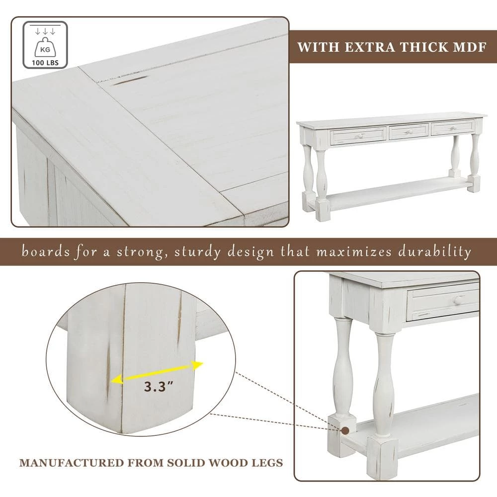 64 in. Antique White Standard Rectangle Wood Console Table with Drawers and Shelf by Z-joyee 3 64 in. Antique White Standard Rectangle Wood Console Table with Drawers and Shelf by Z-joyee - Image 3
