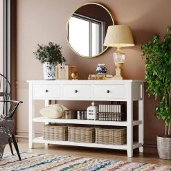 50 in. Antique White Standard Rectangle Wood Console Table with 3-Drawers and 2-Open Shelves by Z-joyee -Cheap Z-joyee Store antique white z joyee console tables f fb857220771 76 1000