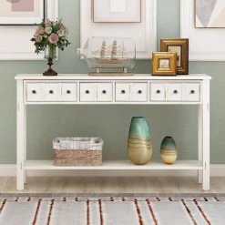 60 in. Antique White Standard Rectangle Wood Console Table with 2-Different Size-Drawers and Bottom Shelf by Z-joyee -Cheap Z-joyee Store antique white z joyee console tables f fb857222126 31 1000
