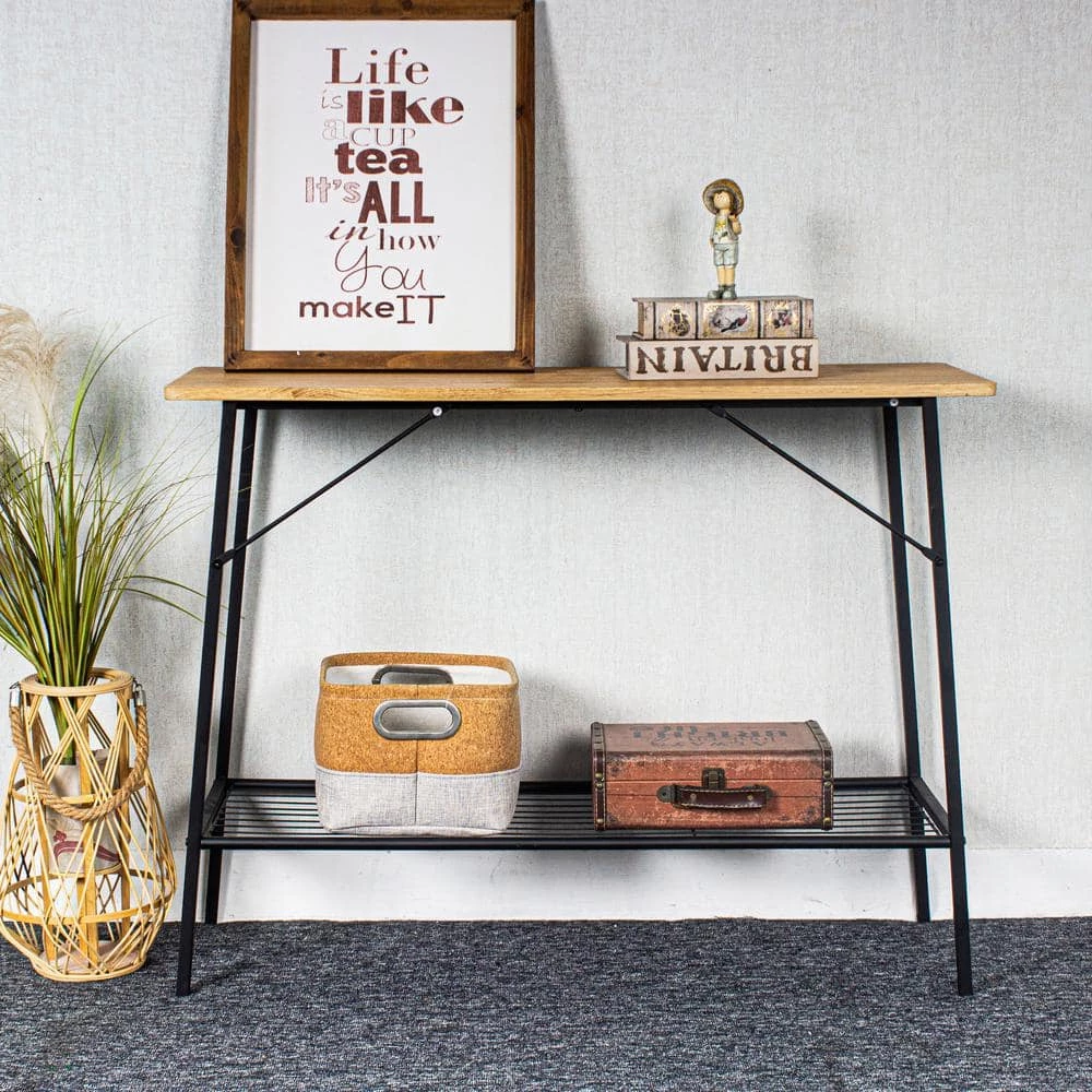 39.5 in. Beige Particle Board Rectangle Metal Frame Console Table with Storage Shelf by Z-joyee 7 39.5 in. Beige Particle Board Rectangle Metal Frame Console Table with Storage Shelf by Z-joyee - Image 7