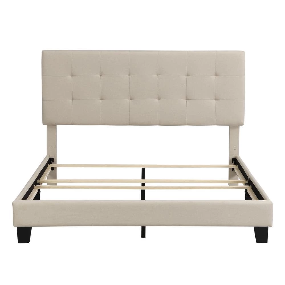Upholstered Beige Queen Size Platform Bed with Tufted Headboard by Z-joyee 1 Upholstered Beige Queen Size Platform Bed with Tufted Headboard by Z-joyee