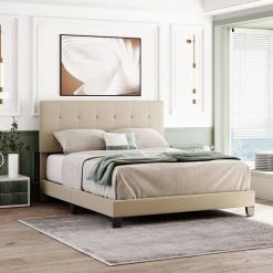 Upholstered Beige Queen Size Platform Bed with Tufted Headboard by Z-joyee 11 Upholstered Beige Queen Size Platform Bed with Tufted Headboard by Z-joyee -Cheap Z-joyee Store beige z joyee platform beds f fb857216828 c3 1000