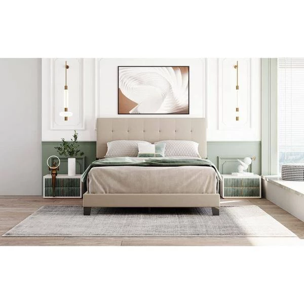 Upholstered Beige Queen Size Platform Bed with Tufted Headboard by Z-joyee 7 Upholstered Beige Queen Size Platform Bed with Tufted Headboard by Z-joyee - Image 7