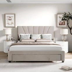 Upholstered Beige Queen Platform Bed with a Big Drawer by Z-joyee 12 Upholstered Beige Queen Platform Bed with a Big Drawer by Z-joyee -Cheap Z-joyee Store beige z joyee platform beds f fb857217290 4f 1000