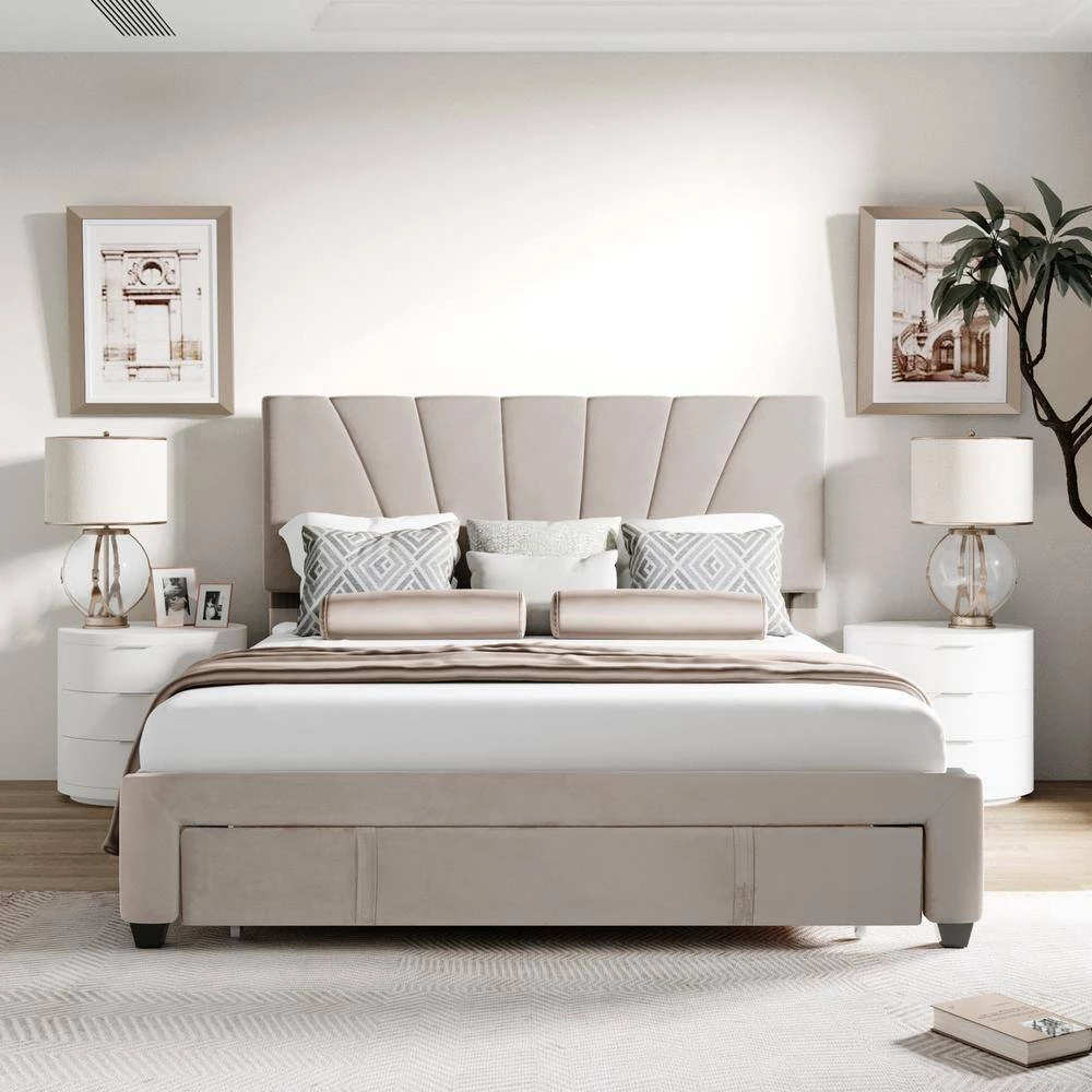 Upholstered Beige Queen Platform Bed with a Big Drawer by Z-joyee 4 Upholstered Beige Queen Platform Bed with a Big Drawer by Z-joyee - Image 4