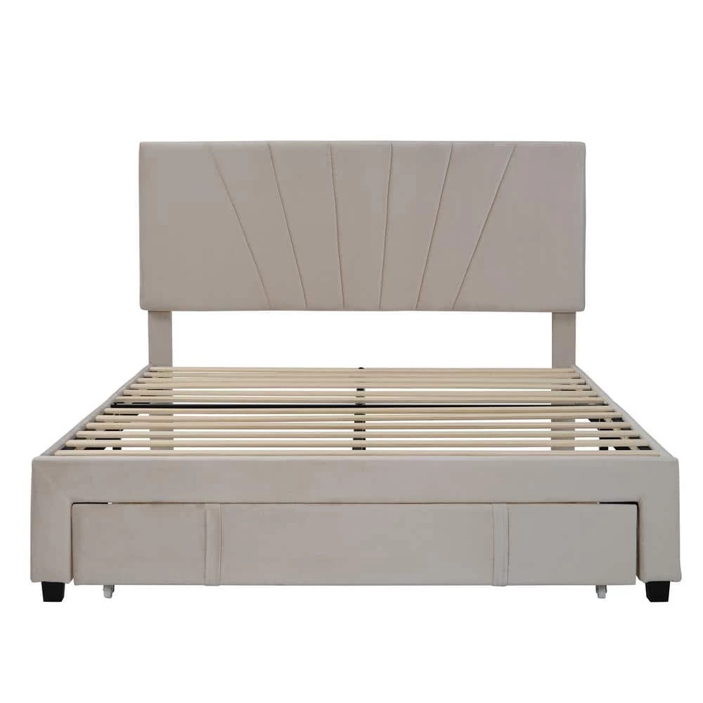 Upholstered Beige Queen Platform Bed with a Big Drawer by Z-joyee 1 Upholstered Beige Queen Platform Bed with a Big Drawer by Z-joyee