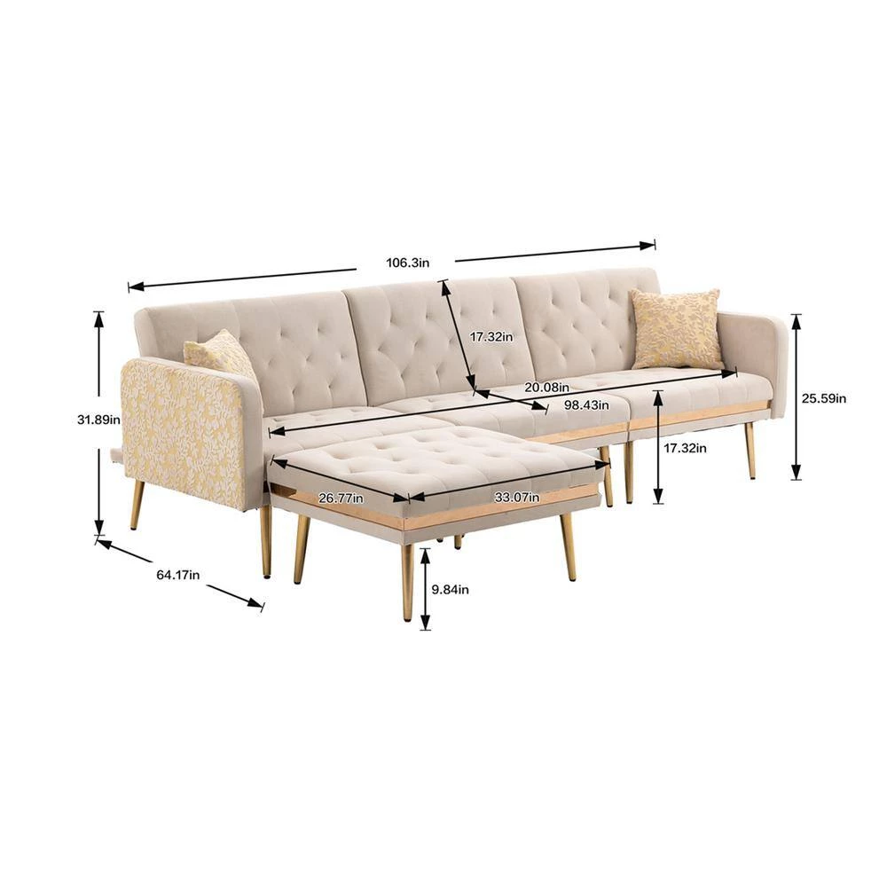 106.30 in. W 4-piece Velvet L-Shape Sectional Sofa in Beige by Z-joyee 5 106.30 in. W 4-piece Velvet L-Shape Sectional Sofa in Beige by Z-joyee - Image 5