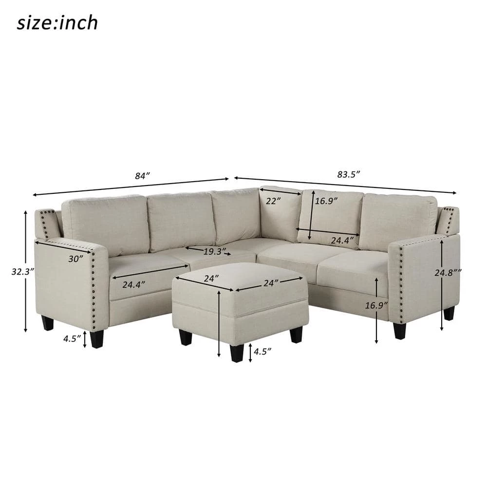 84 in. Square Arm 3-piece L Shaped Polyester Sectional Sofa in Beige w/Ottoman by Z-joyee 5 84 in. Square Arm 3-piece L Shaped Polyester Sectional Sofa in Beige w/Ottoman by Z-joyee - Image 5