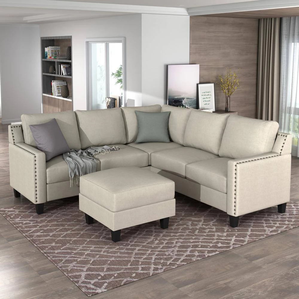 84 in. Square Arm 3-piece L Shaped Polyester Sectional Sofa in Beige w/Ottoman by Z-joyee 6 84 in. Square Arm 3-piece L Shaped Polyester Sectional Sofa in Beige w/Ottoman by Z-joyee - Image 6