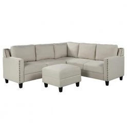84 in. Square Arm 3-piece L Shaped Polyester Sectional Sofa in Beige w/Ottoman by Z-joyee