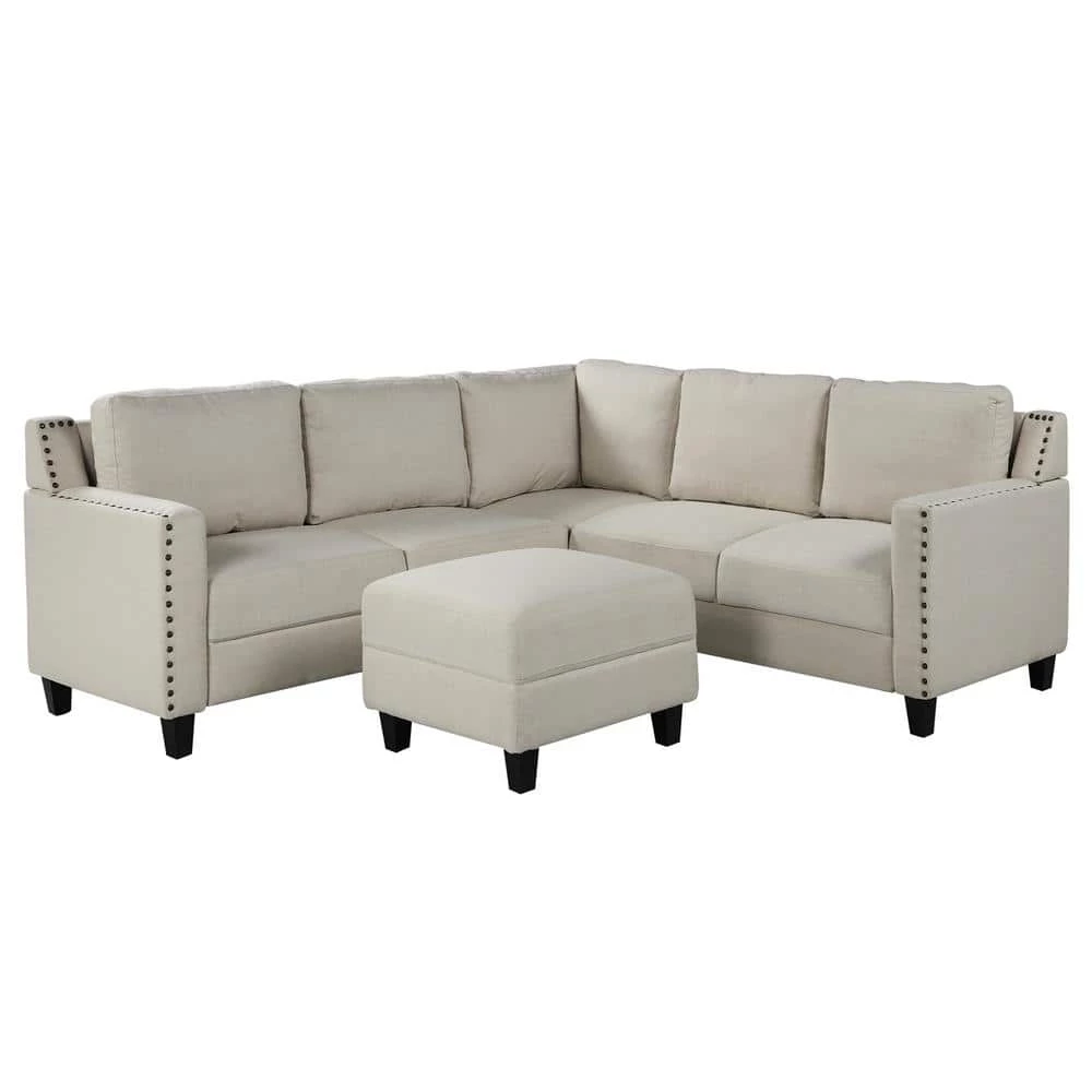84 in. Square Arm 3-piece L Shaped Polyester Sectional Sofa in Beige w/Ottoman by Z-joyee 1 84 in. Square Arm 3-piece L Shaped Polyester Sectional Sofa in Beige w/Ottoman by Z-joyee