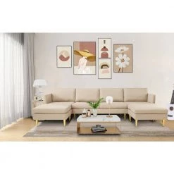 122 in. Square Arm 4-Piece U-Shaped Polyester Modern Convertible Sectional Sofa in Beige by Z-joyee -Cheap Z-joyee Store beige z joyee sectional sofas p s202200086 31 1000