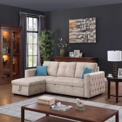 91 in. Square Arm Velvet L Shaped Reversible Sleeper Sectional Storage Sofa Bed Corner Sofa Bed in Beige by Z-joyee -Cheap Z-joyee Store beige z joyee sofas couches p q202200363 31 1000