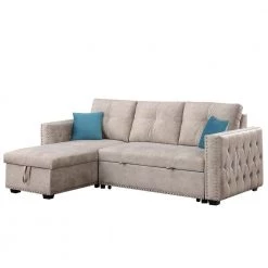 91 in. Square Arm Velvet L Shaped Reversible Sleeper Sectional Storage Sofa Bed Corner Sofa Bed in Beige by Z-joyee -Cheap Z-joyee Store beige z joyee sofas couches p q202200363 44 1000