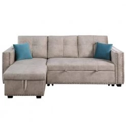 91 in. Square Arm Velvet L Shaped Reversible Sleeper Sectional Storage Sofa Bed Corner Sofa Bed in Beige by Z-joyee