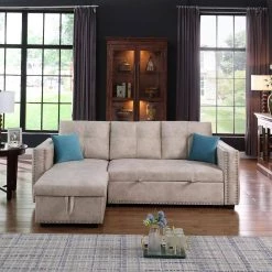 91 in. Square Arm Velvet L Shaped Reversible Sleeper Sectional Storage Sofa Bed Corner Sofa Bed in Beige by Z-joyee -Cheap Z-joyee Store beige z joyee sofas couches p q202200363 c3 1000