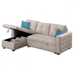 91 in. Square Arm Velvet L Shaped Reversible Sleeper Sectional Storage Sofa Bed Corner Sofa Bed in Beige by Z-joyee -Cheap Z-joyee Store beige z joyee sofas couches p q202200363 fa 1000