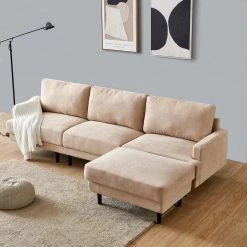 104.6 in. Square Arm Polyester Fabric Modern L-Shaped 3-Seater Sofa with Ottoman in Beige by Z-joyee -Cheap Z-joyee Store beige z joyee sofas couches p s202200150 31 1000