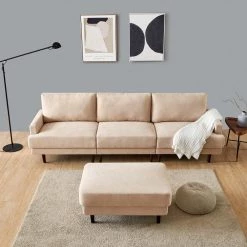 104.6 in. Square Arm Polyester Fabric Modern L-Shaped 3-Seater Sofa with Ottoman in Beige by Z-joyee -Cheap Z-joyee Store beige z joyee sofas couches p s202200150 4f 1000