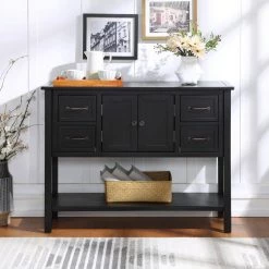 43 in. Black Standard Rectangle Wood Console Table with 4-Drawers 1-Cabinet and 1-Shelf by Z-joyee -Cheap Z-joyee Store black z joyee console tables f fb857220078 31 1000