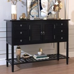 45 in. Black Standard Rectangle Wood Console Table with 6-Drawers, 1-Cabinets and 1-Shelf by Z-joyee -Cheap Z-joyee Store black z joyee console tables f fb857220931 4f 1000