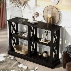 46.5 in. Black Standard Rectangle Wood Console Table with 3-Tier Open Storage Spaces by Z-joyee -Cheap Z-joyee Store black z joyee console tables f fb857221266 76 1000