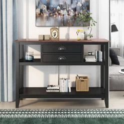47.9 in. Black Standard Rectangle Wood Console Table with 2-Drawers and Open Shelves by Z-joyee -Cheap Z-joyee Store black z joyee console tables f fb857221549 31 1000
