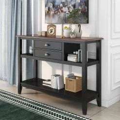47.9 in. Black Standard Rectangle Wood Console Table with 2-Drawers and Open Shelves by Z-joyee -Cheap Z-joyee Store black z joyee console tables f fb857221549 76 1000
