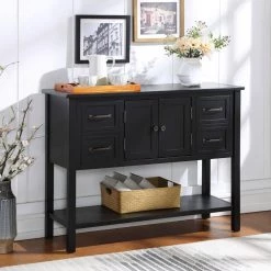 43.3 in. Black Standard Rectangle Wood Console Table with 4-Drawers, 1-Cabinet and 1-Shelf by Z-joyee -Cheap Z-joyee Store black z joyee console tables f fb857222003 76 1000