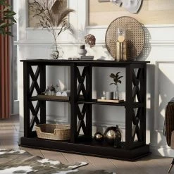 Simple 46.50 in. Black Standard Rectangle Wood Console Table with 3-Tier Open Storage Spaces by Z-joyee 15 Simple 46.50 in. Black Standard Rectangle Wood Console Table with 3-Tier Open Storage Spaces by Z-joyee -Cheap Z-joyee Store black z joyee console tables ly wf199317aab c3 1000