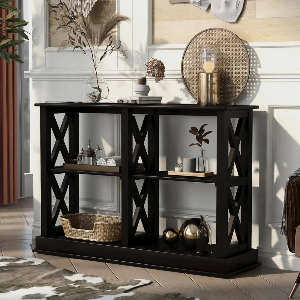 Simple 46.50 in. Black Standard Rectangle Wood Console Table with 3-Tier Open Storage Spaces by Z-joyee 5 Simple 46.50 in. Black Standard Rectangle Wood Console Table with 3-Tier Open Storage Spaces by Z-joyee - Image 5