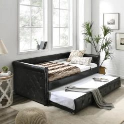 Black Twin Size Daybed with Trundle Upholstered Tufted Sofa Bed with Button and Copper Nail on Arms by Z-joyee -Cheap Z-joyee Store black z joyee daybeds p q202200039 31 1000