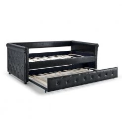 Black Twin Size Daybed with Trundle Upholstered Tufted Sofa Bed with Button and Copper Nail on Arms by Z-joyee