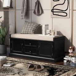 Black Rustic Storage Bench with 2 Drawers and 2 Cabinets 42.5 in. W x 17.50 in. H x 15.9 in. D by Z-joyee -Cheap Z-joyee Store black z joyee dining benches ly 172aab 31 1000