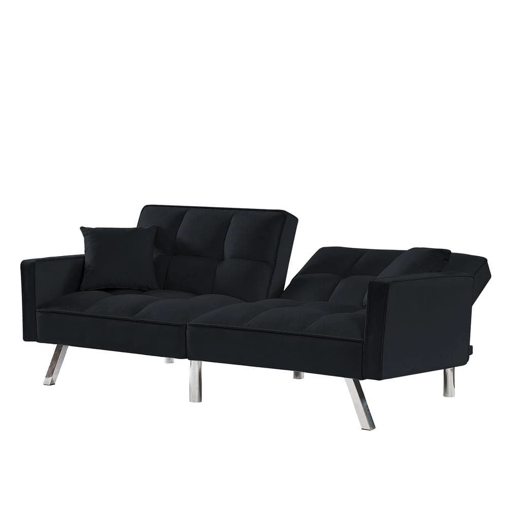 Black Modern Velvet Futon Sofa Couch Bed with Armrests and 2 Pillows by Z-joyee 4 Black Modern Velvet Futon Sofa Couch Bed with Armrests and 2 Pillows by Z-joyee - Image 4