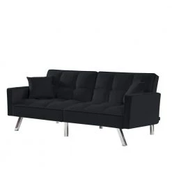 Black Modern Velvet Futon Sofa Couch Bed with Armrests and 2 Pillows by Z-joyee