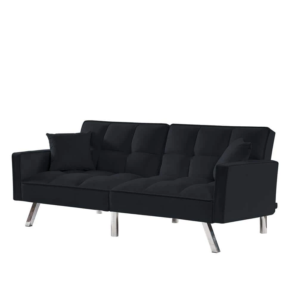 Black Modern Velvet Futon Sofa Couch Bed with Armrests and 2 Pillows by Z-joyee 1 Black Modern Velvet Futon Sofa Couch Bed with Armrests and 2 Pillows by Z-joyee