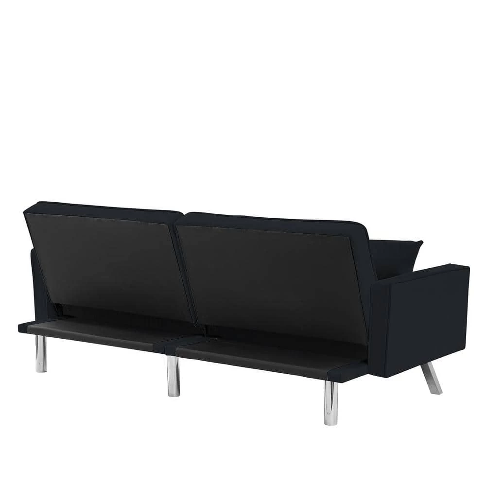 Black Modern Velvet Futon Sofa Couch Bed with Armrests and 2 Pillows by Z-joyee 3 Black Modern Velvet Futon Sofa Couch Bed with Armrests and 2 Pillows by Z-joyee - Image 3