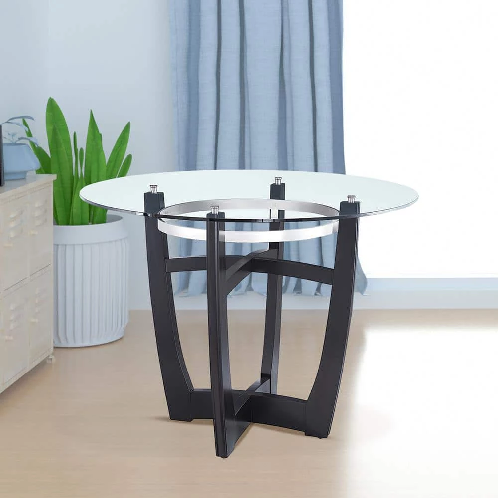 Dining Table 42.01 in. Round Black Glass Top with Wood Frame (Seats 4) by Z-joyee 3 Dining Table 42.01 in. Round Black Glass Top with Wood Frame (Seats 4) by Z-joyee - Image 3