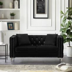 59.4 in. Black Velvet 2-Seats Loveseats with Jeweled Buttons and 2-Pillows by Z-joyee -Cheap Z-joyee Store black z joyee loveseats p q202200283 31 1000