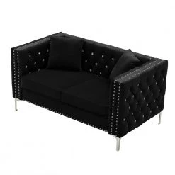 59.4 in. Black Velvet 2-Seats Loveseats with Jeweled Buttons and 2-Pillows by Z-joyee