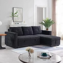 91 in W 3 Seats Velvet L-Shaped Modern Sectional Sofa with Storage Black by Z-joyee