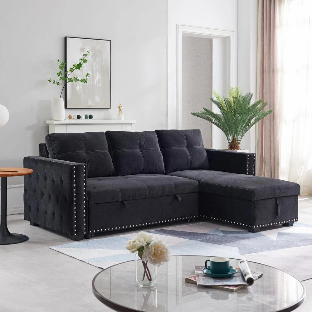 91 in W 3 Seats Velvet L-Shaped Modern Sectional Sofa with Storage Black by Z-joyee 1 91 in W 3 Seats Velvet L-Shaped Modern Sectional Sofa with Storage Black by Z-joyee