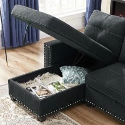85 in. Black Reversible Sleeper 3-Seat Sectional Sofa Full Sofa Bed with Storage Square Arm Nailheaded by Z-joyee -Cheap Z-joyee Store black z joyee sofa beds p q202200298 1f 1000