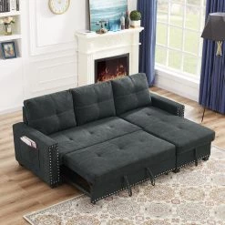 85 in. Black Reversible Sleeper 3-Seat Sectional Sofa Full Sofa Bed with Storage Square Arm Nailheaded by Z-joyee -Cheap Z-joyee Store black z joyee sofa beds p q202200298 31 1000